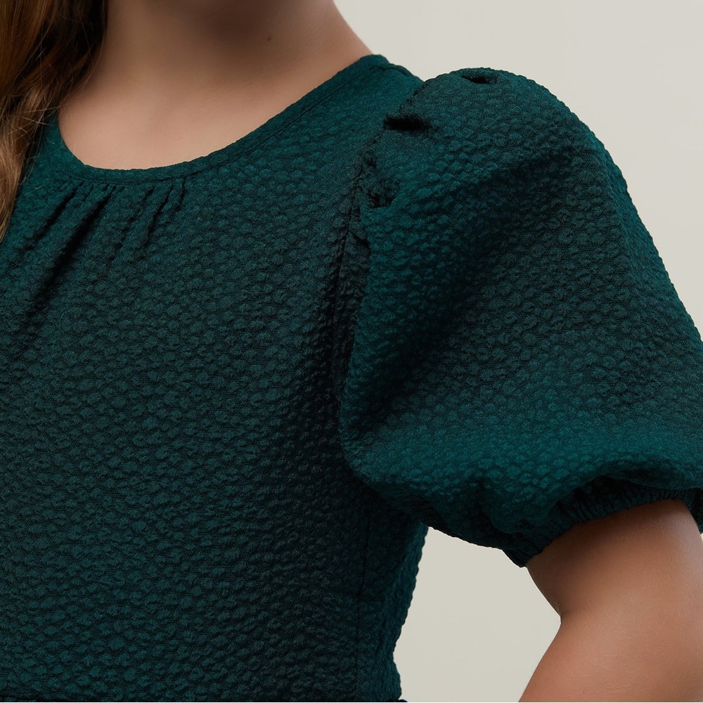 NWT Rachel Parcell Jaquard girls Puff Sleeve Dress in Dark Emerald Green - Picture 5 of 5